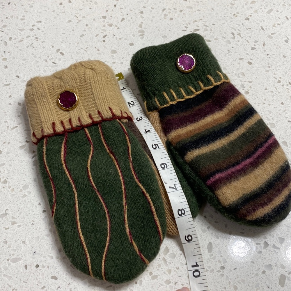 Wool Blend Green & Tan Striped Women's Mittens